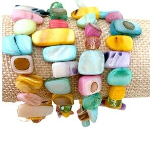Lot of 4 Natural Shell Mother of Pearl Stretch Bracelets Colorful Boho Beachy D